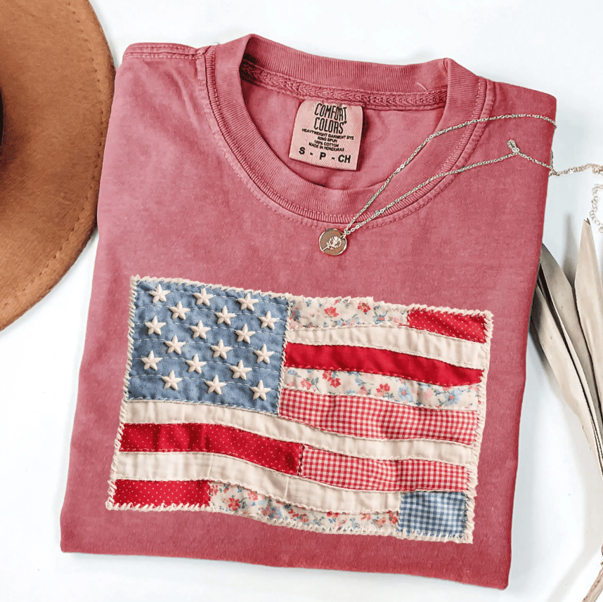Comfort Colors Retro American Flag Shirt, Faux Patchwork USA Tee, Digital Print Shirt, 4th of July Shirt, Patriotic Graphic Shirt, Fourth of July Shirt