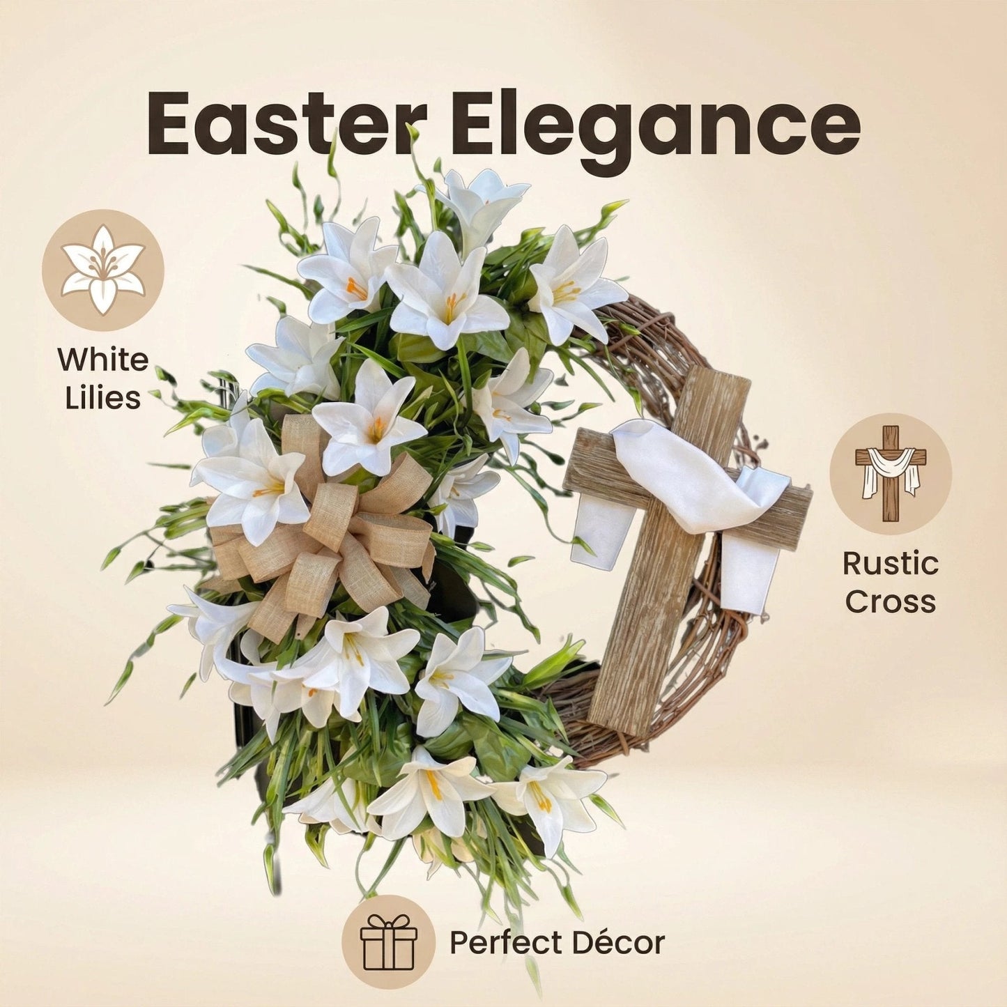 🏆#1 Bestselling - ✝️ Easter “Holy Embrace” White Lilies Crucifix Wreath