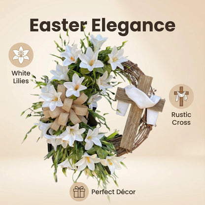 🏆#1 Bestselling - ✝️ Easter “Holy Embrace” White Lilies Crucifix Wreath