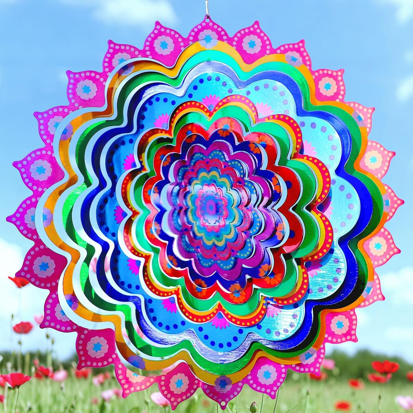 Dailyard Wind Spinner Mandala Jasmine, 12Inch Laser Cut Stainless Steel Wind Spinners, 3D Hanging Wind Sculptures for Yard and Garden Decoration Outdoor Decor Ornament, Mandala Gifts for Women Men