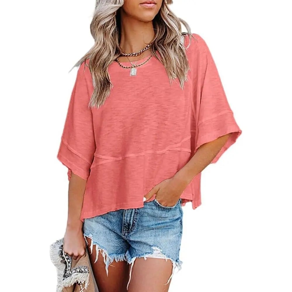 ☀️ Women's Summer Casual Crewneck Batwing Top – Loose Fit, Cute & Breezy 🌸
