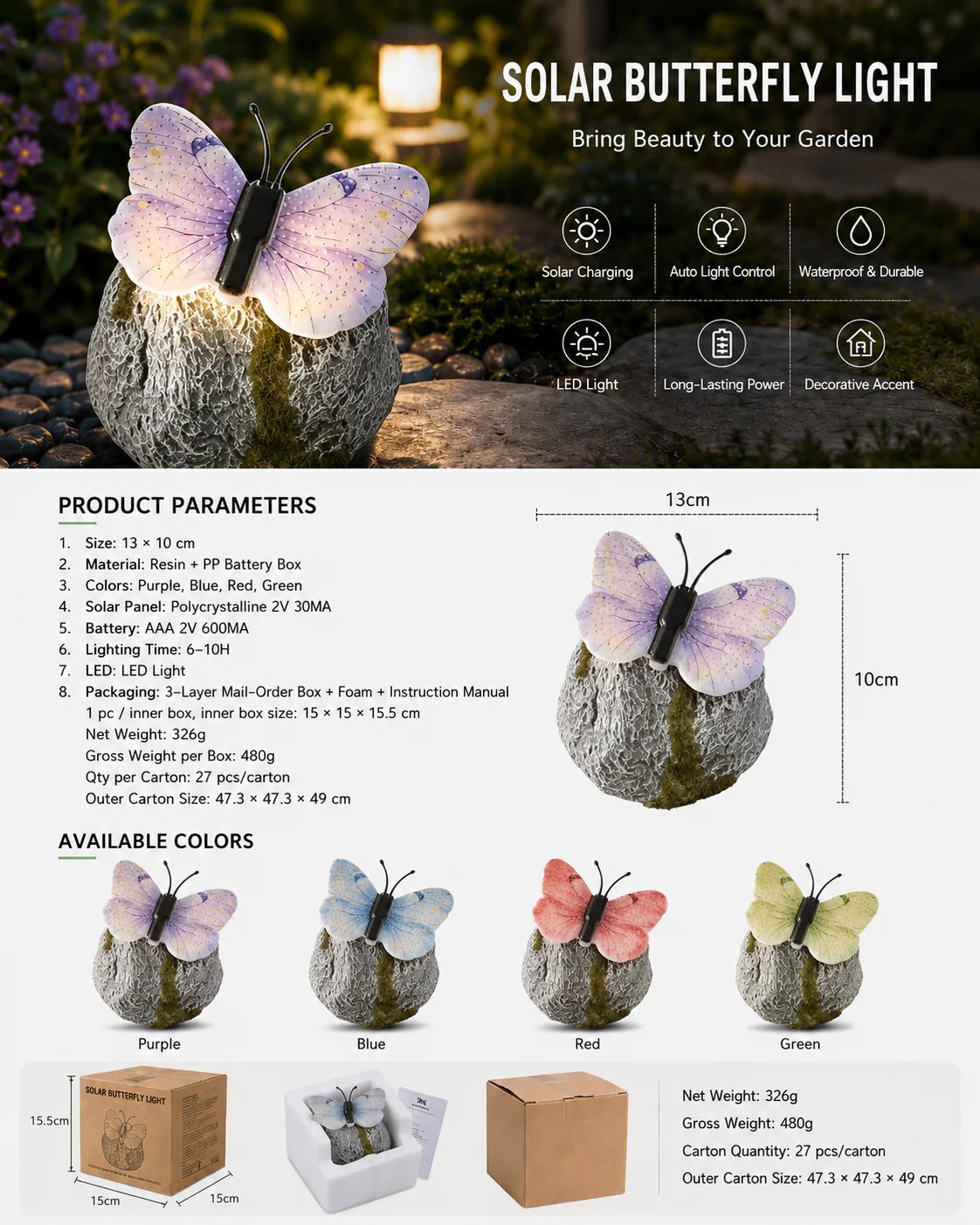 🦋 Solar Butterfly Stone Garden Light, Waterproof LED Glowing Landscape Rock Lamp, Auto On/Off Outdoor Resin Decor for Yard, Lawn, Pathway, Patio & Porch, Perfect Garden Gift