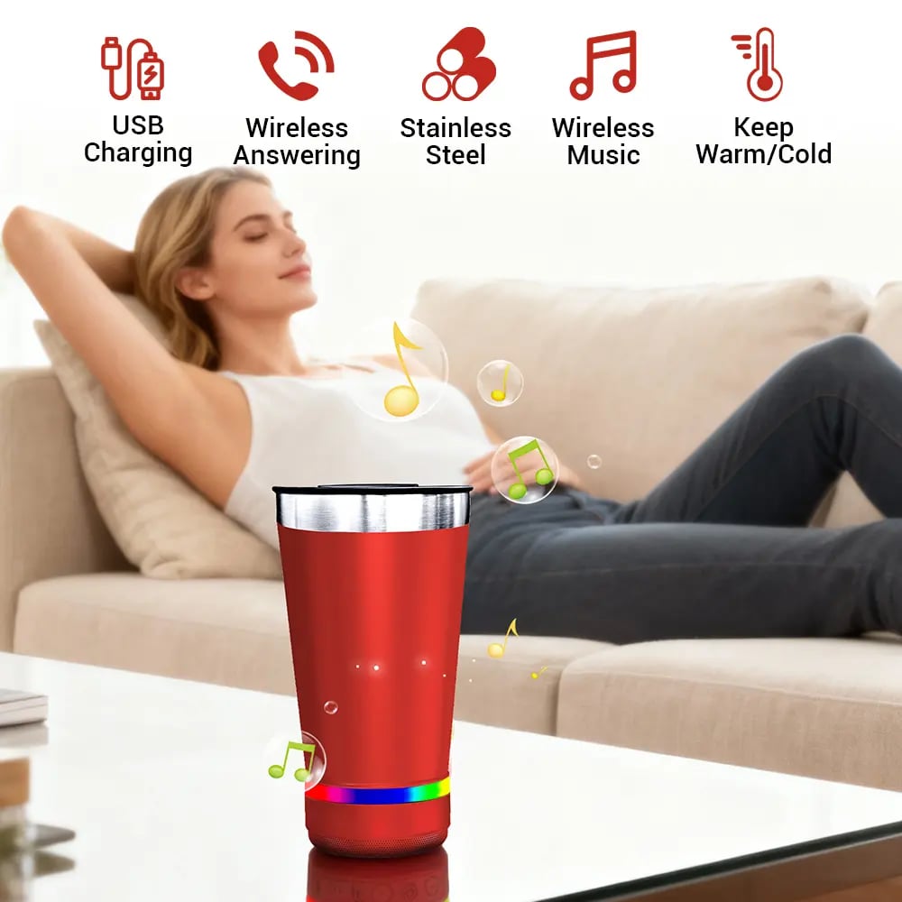 Stainless Steel 16.oz Nsulated MUG With Built-in Bluetooth Speaker Rechargeable Wireless Multi-color LED Lights Prefect Gift