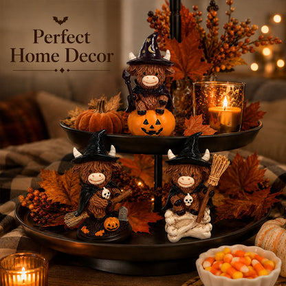 Halloween Highland Cow Witch Ornament – Spooky-Cute Tabletop Decor for Mantel, Shelf & Candy Station