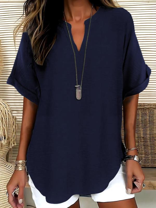 🔥Women's Plain Short Sleeve Blouse, Casual Solid Color Top for Daily Wear, Ladies Clothes for All Seasons