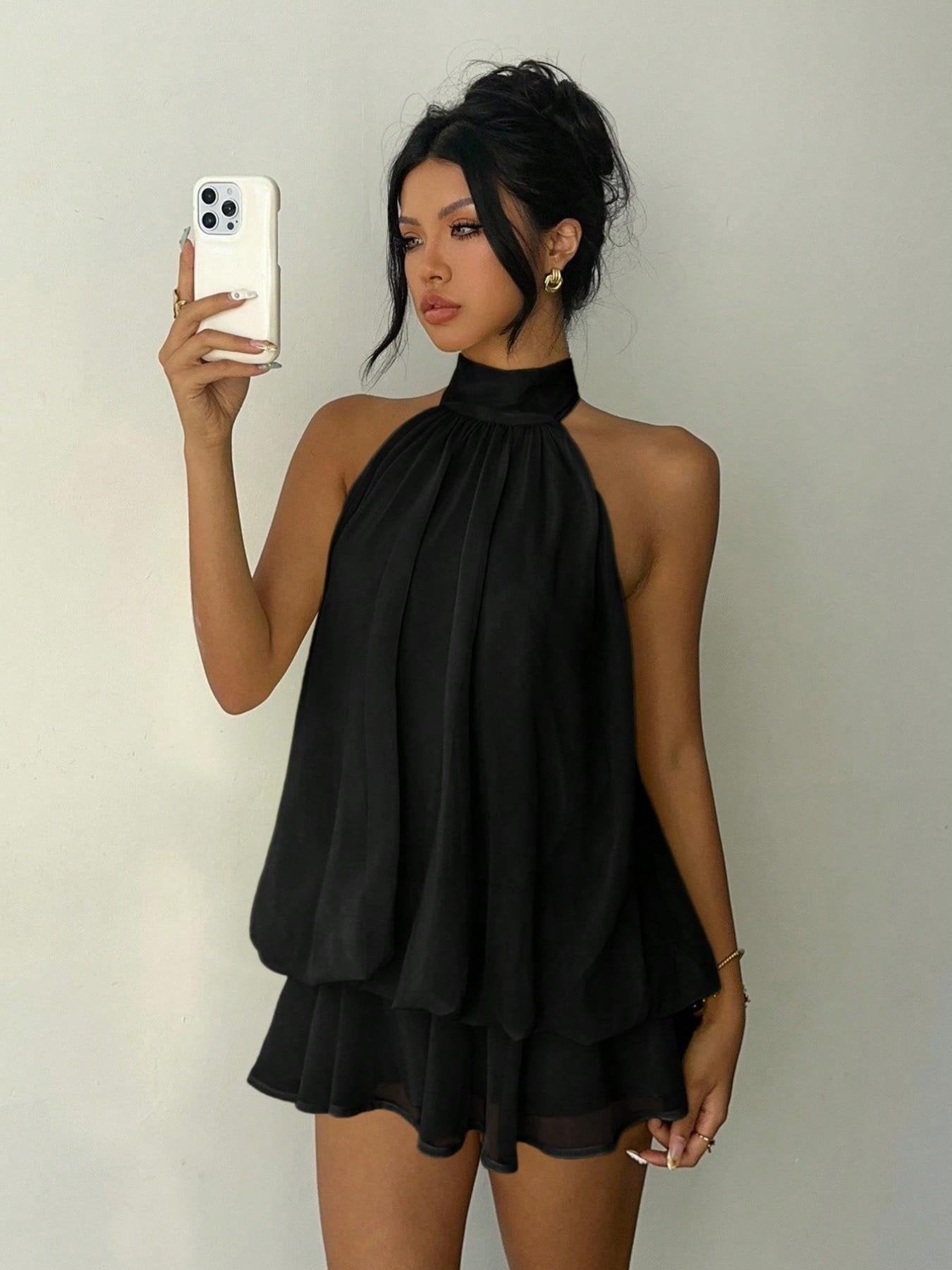 👗 Women's Backless Halter Mini Dress Jumpsuit – Elegant Ruffle Lace Up Romper with Fitted Silhouette for Casual & Fashion Wear
