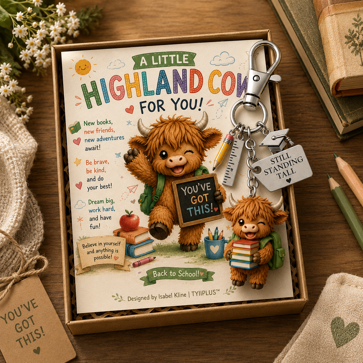 🐮Lucky Highland Cow Back to School Keychain Gift with Encouragement Card