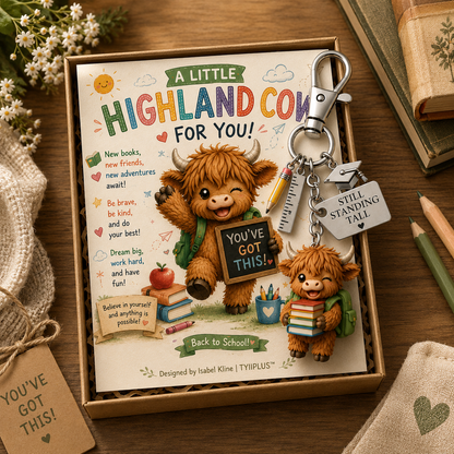 🐮Lucky Highland Cow Back to School Keychain Gift with Encouragement Card