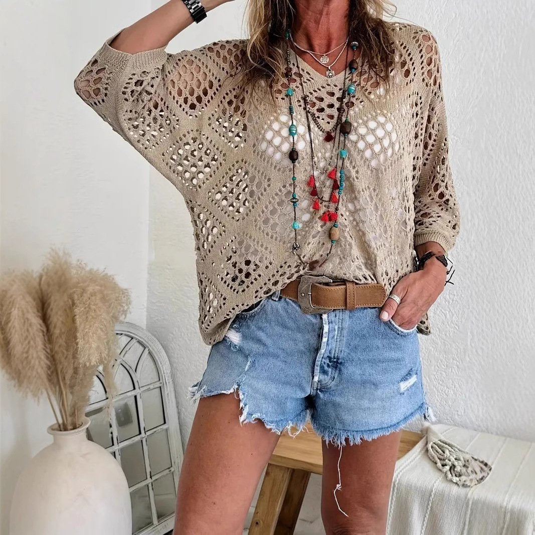 ? Handmade Crochet V‐Neck Boho Top | Apricot Summer Essential