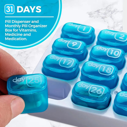 🔥✨Monthly Pill Organizer with Lid - Arthritis-Friendly Easy-Open Lids 31 Removable Daily Pill Pods Date Reminder & Travel Case for Vitamins & Medications