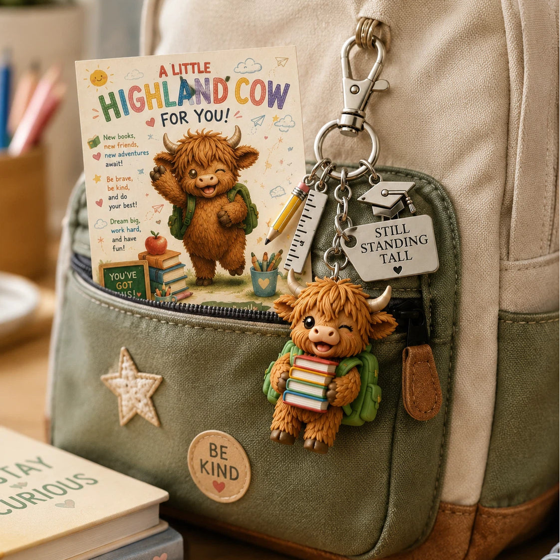 🐮Lucky Highland Cow Back to School Keychain Gift with Encouragement Card