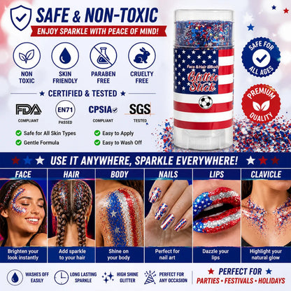 🦅4th of July Glitter Stick✨🔔Red, White & Blue Body & Hair Sparkle