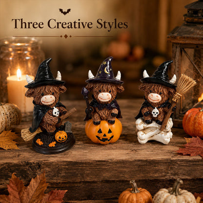 Halloween Highland Cow Witch Ornament – Spooky-Cute Tabletop Decor for Mantel, Shelf & Candy Station