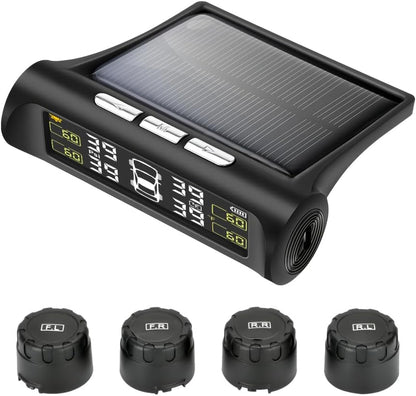 Solar Power Car Tire Pressure Monitoring Tool, TPMS with 4 External sensors & 5 Alarm Modes, LCD Real-time Display, Auto Sleep Mode, Easy to Install