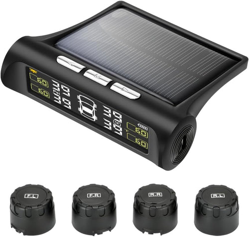 Solar Power Car Tire Pressure Monitoring Tool, TPMS with 4 External sensors & 5 Alarm Modes, LCD Real-time Display, Auto Sleep Mode, Easy to Install