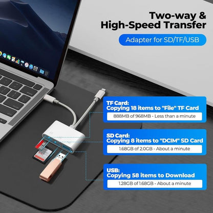 3-in-1 Dual-Port Card Reader (Lightning & Type-C) - Plug & Play SD/MicroSD Adapter with USB-A for iPhone, iPad, Android & Mac - No App Required