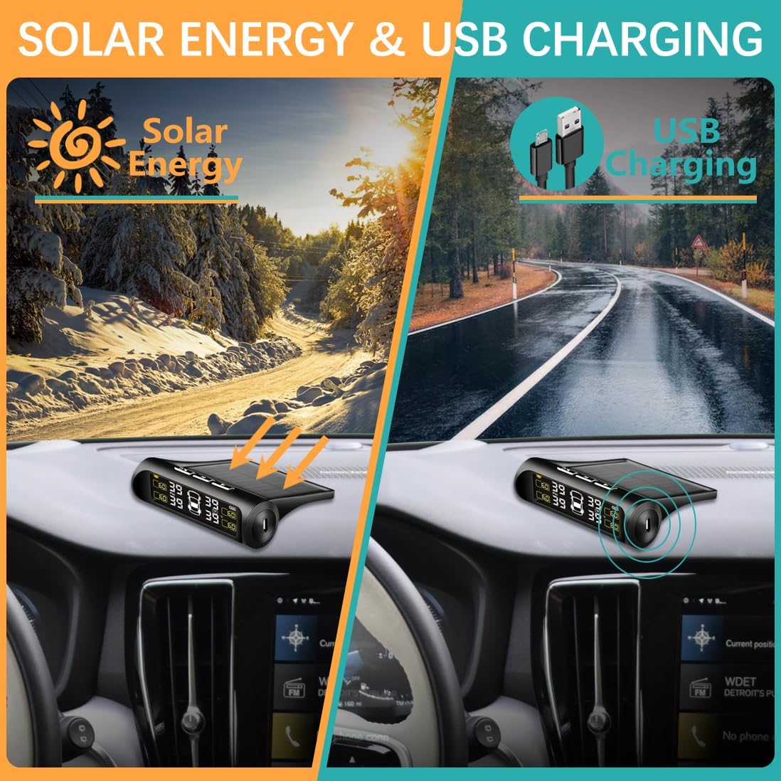 Solar Power Car Tire Pressure Monitoring Tool, TPMS with 4 External sensors & 5 Alarm Modes, LCD Real-time Display, Auto Sleep Mode, Easy to Install
