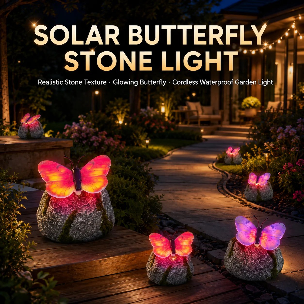 🦋 Solar Butterfly Stone Garden Light, Waterproof LED Glowing Landscape Rock Lamp, Auto On/Off Outdoor Resin Decor for Yard, Lawn, Pathway, Patio & Porch, Perfect Garden Gift