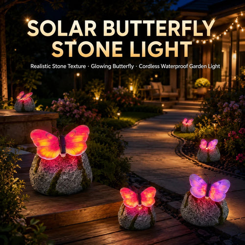 🦋 Solar Butterfly Stone Garden Light, Waterproof LED Glowing Landscape Rock Lamp, Auto On/Off Outdoor Resin Decor for Yard, Lawn, Pathway, Patio & Porch, Perfect Garden Gift