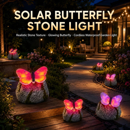 🦋 Solar Butterfly Stone Garden Light, Waterproof LED Glowing Landscape Rock Lamp, Auto On/Off Outdoor Resin Decor for Yard, Lawn, Pathway, Patio & Porch, Perfect Garden Gift