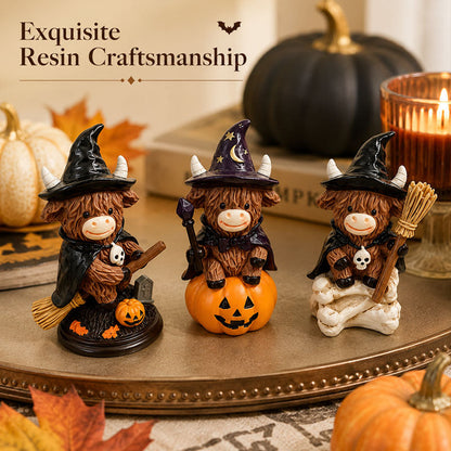 Halloween Highland Cow Witch Ornament – Spooky-Cute Tabletop Decor for Mantel, Shelf & Candy Station