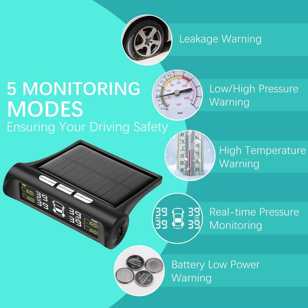 Solar Power Car Tire Pressure Monitoring Tool, TPMS with 4 External sensors & 5 Alarm Modes, LCD Real-time Display, Auto Sleep Mode, Easy to Install