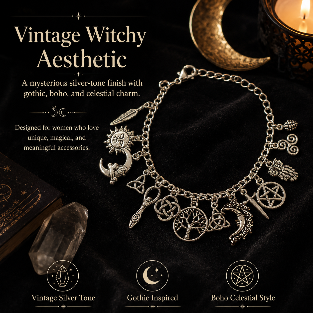Vintage Witchy Charm Bracelet | Celestial Gothic Boho Jewelry for Women