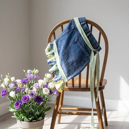 👖 Denim Echo Ruffle Apron – Upcycled Vintage Jean with Floral Lace 🌸 Sustainable Kitchen & Gardening Gift 🧑‍🌾♻️
