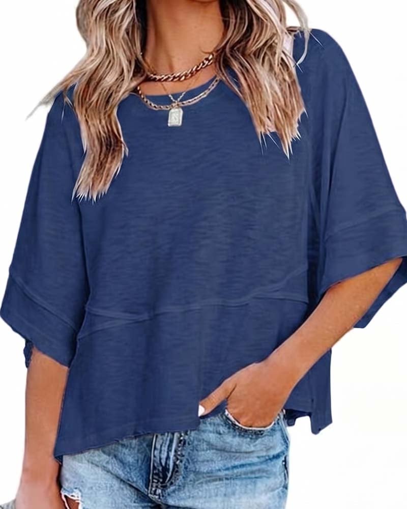 Panel Solid Color Flared Sleeve T-Shirt