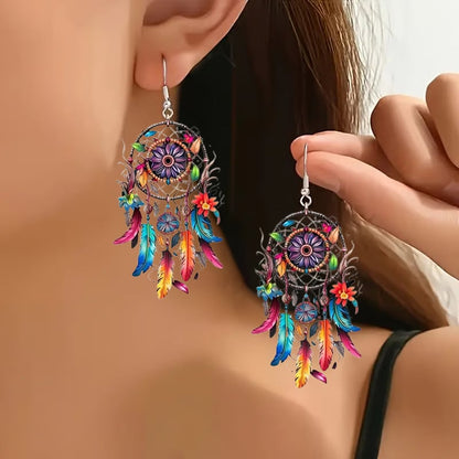 🌙 Boho Dreamcatcher Feather Earrings