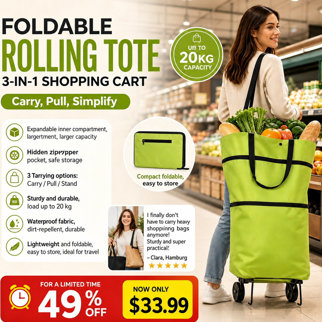 🛍️✨ Convertible shopping tote – hides wheels, holds 20kg, expands with zipper!