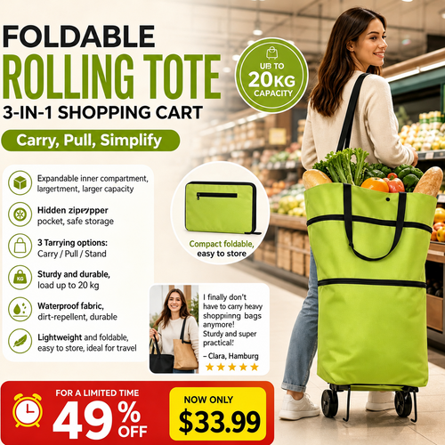 🛍️✨ Convertible shopping tote – hides wheels, holds 20kg, expands with zipper!