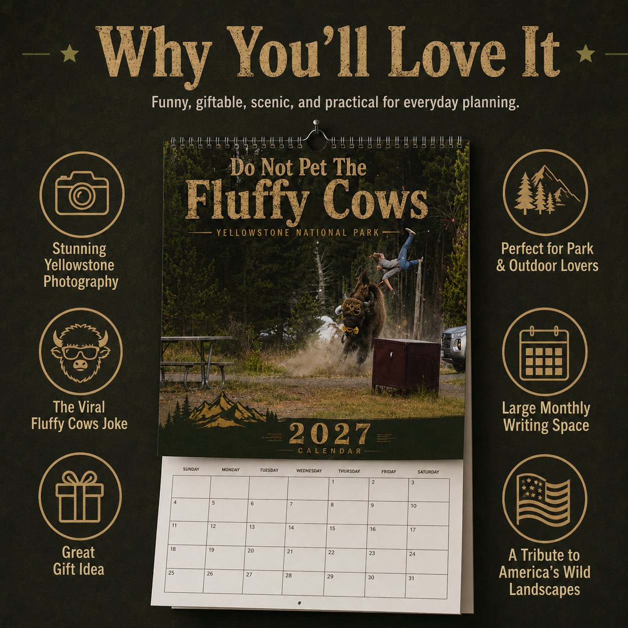 🦬 "Do Not Pet The Fluffy Cows" 🏞️ Bison Yellowstone National Park 2027 Wall Calendar