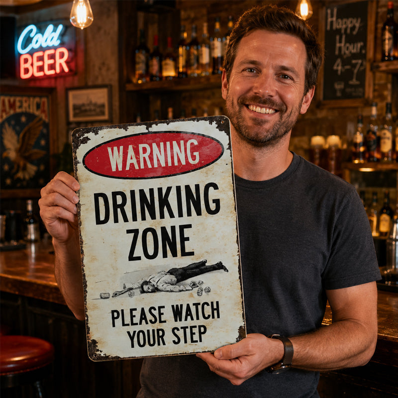 Funny Warning Drinking Zone Vintage Bar Metal Sign 🍻🚧