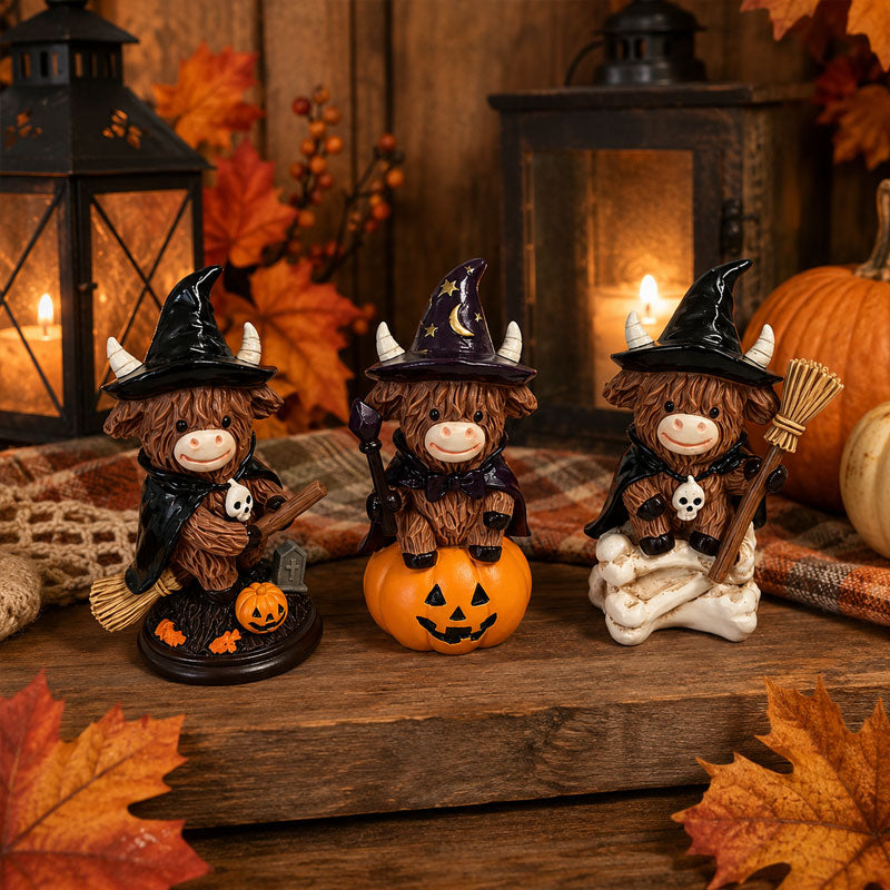 Halloween Highland Cow Witch Ornament – Spooky-Cute Tabletop Decor for Mantel, Shelf & Candy Station