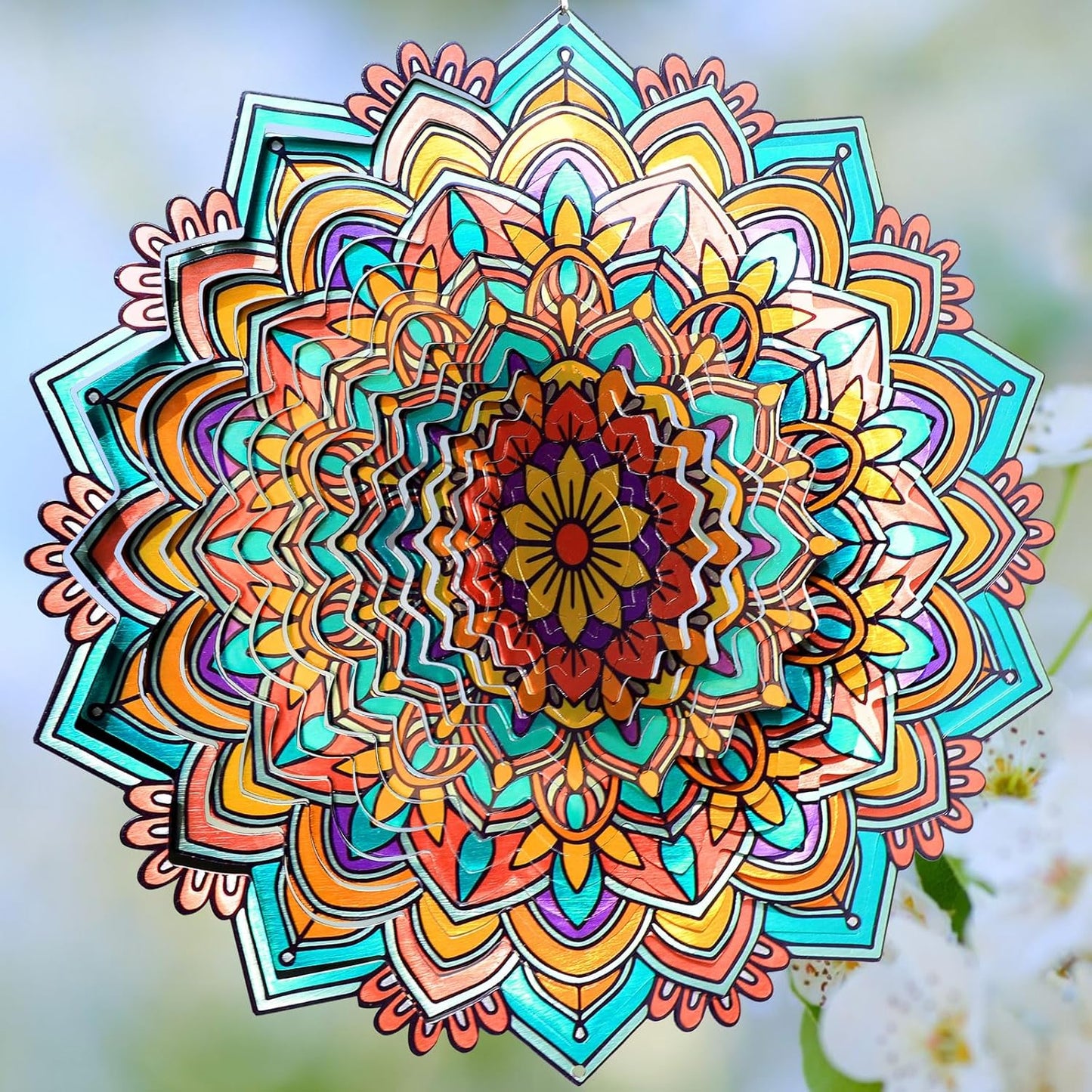 Dailyard Wind Spinner Mandala Jasmine, 12Inch Laser Cut Stainless Steel Wind Spinners, 3D Hanging Wind Sculptures for Yard and Garden Decoration Outdoor Decor Ornament, Mandala Gifts for Women Men