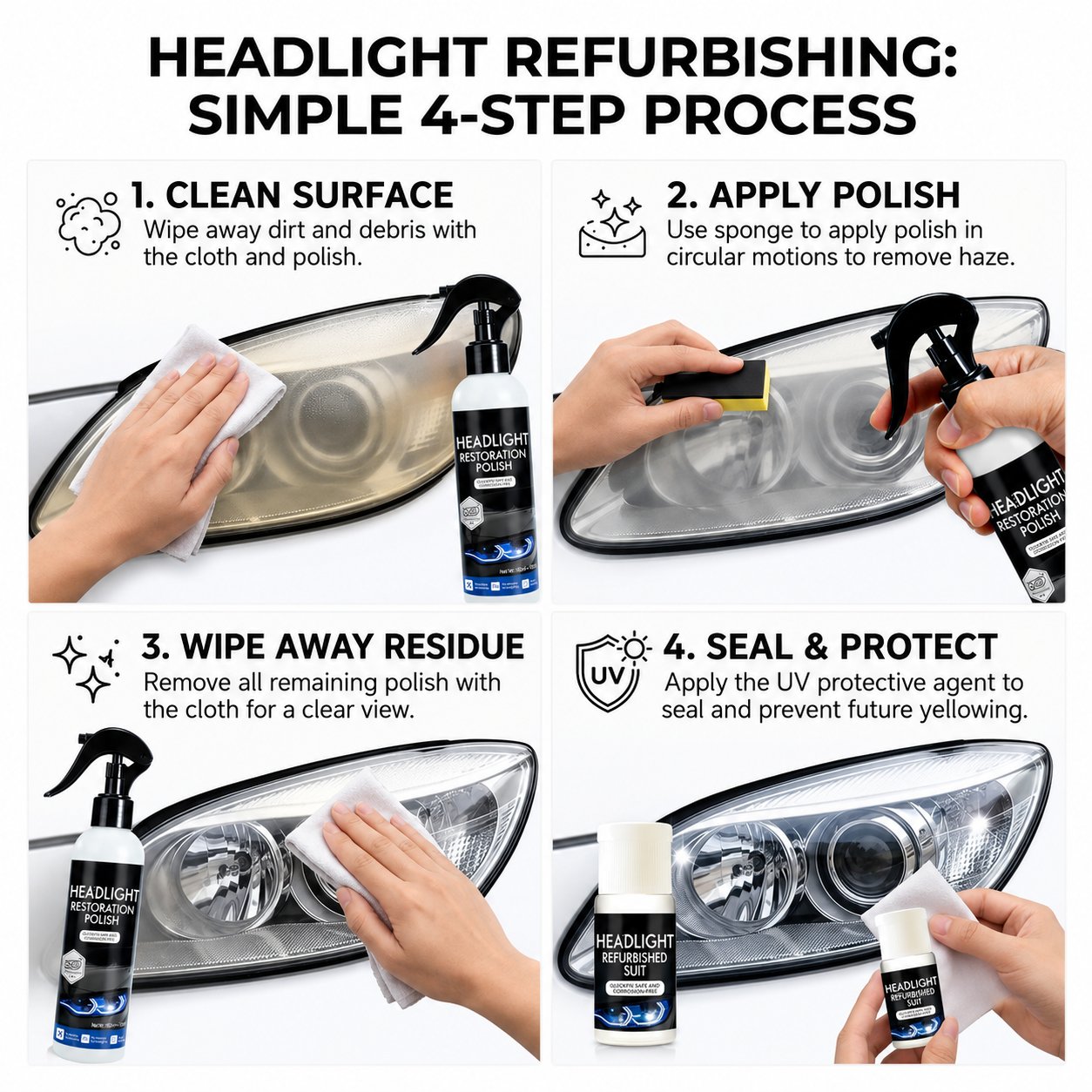 🚘Automotive Headlight Restoration Fluid - Car Detailing Product for Oxidized, Yellowed, Blurred Headlamps with Enhanced Crystalline Coating Refurbishing Function