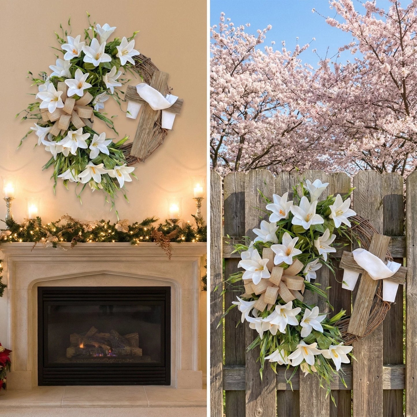 🏆#1 Bestselling - ✝️ Easter “Holy Embrace” White Lilies Crucifix Wreath
