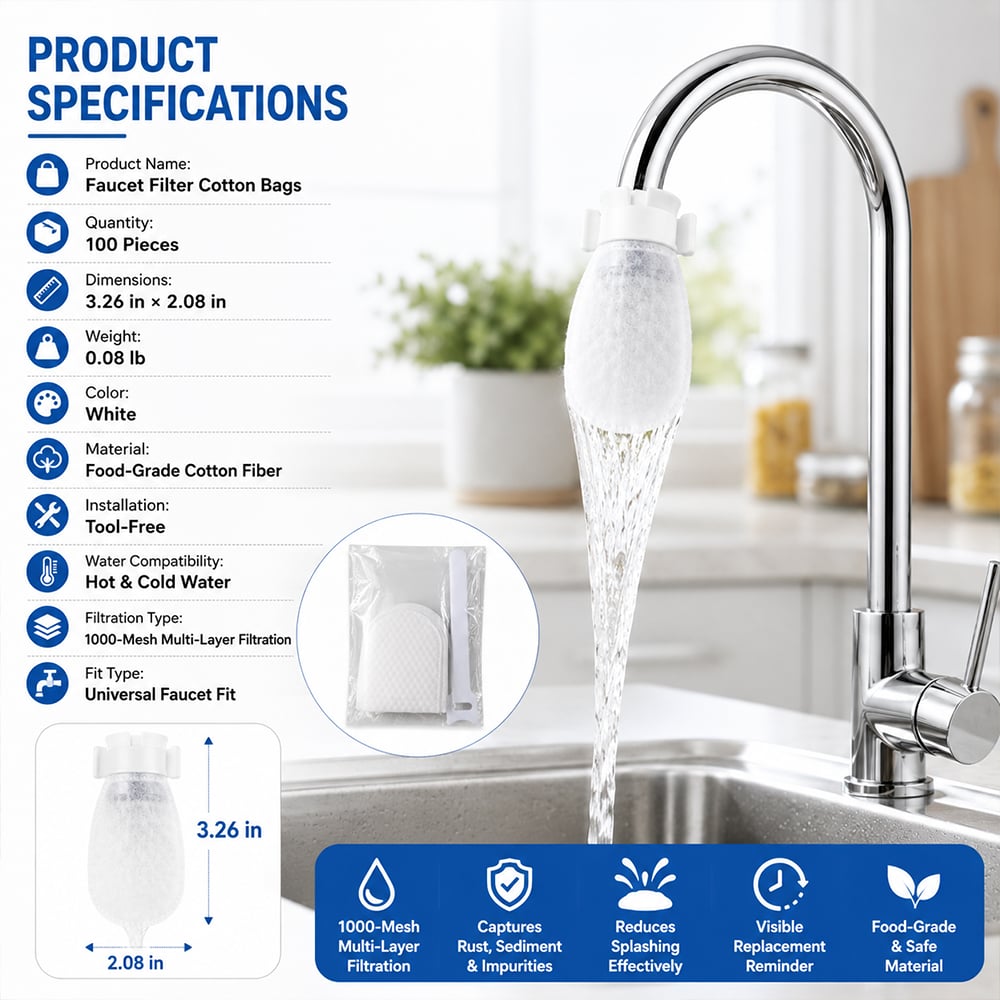 Faucet Filter Cotton Bags - Universal, 100 PCS Splash-Proof Faucet Filter Set
