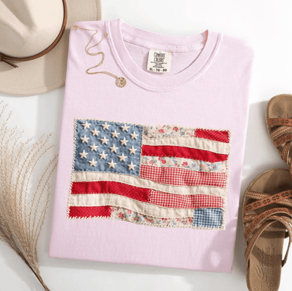 Comfort Colors Retro American Flag Shirt, Faux Patchwork USA Tee, Digital Print Shirt, 4th of July Shirt, Patriotic Graphic Shirt, Fourth of July Shirt