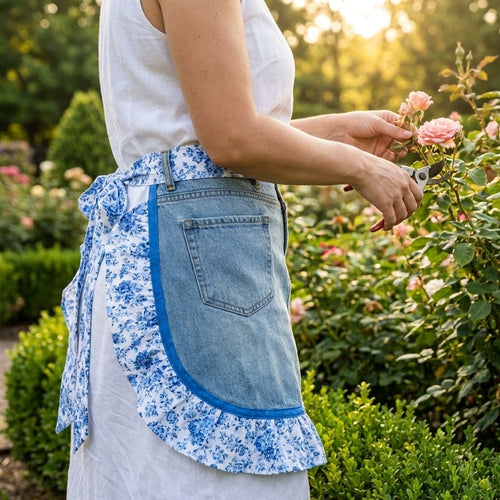 👖 Denim Echo Ruffle Apron – Upcycled Vintage Jean with Floral Lace 🌸 Sustainable Kitchen & Gardening Gift 🧑‍🌾♻️