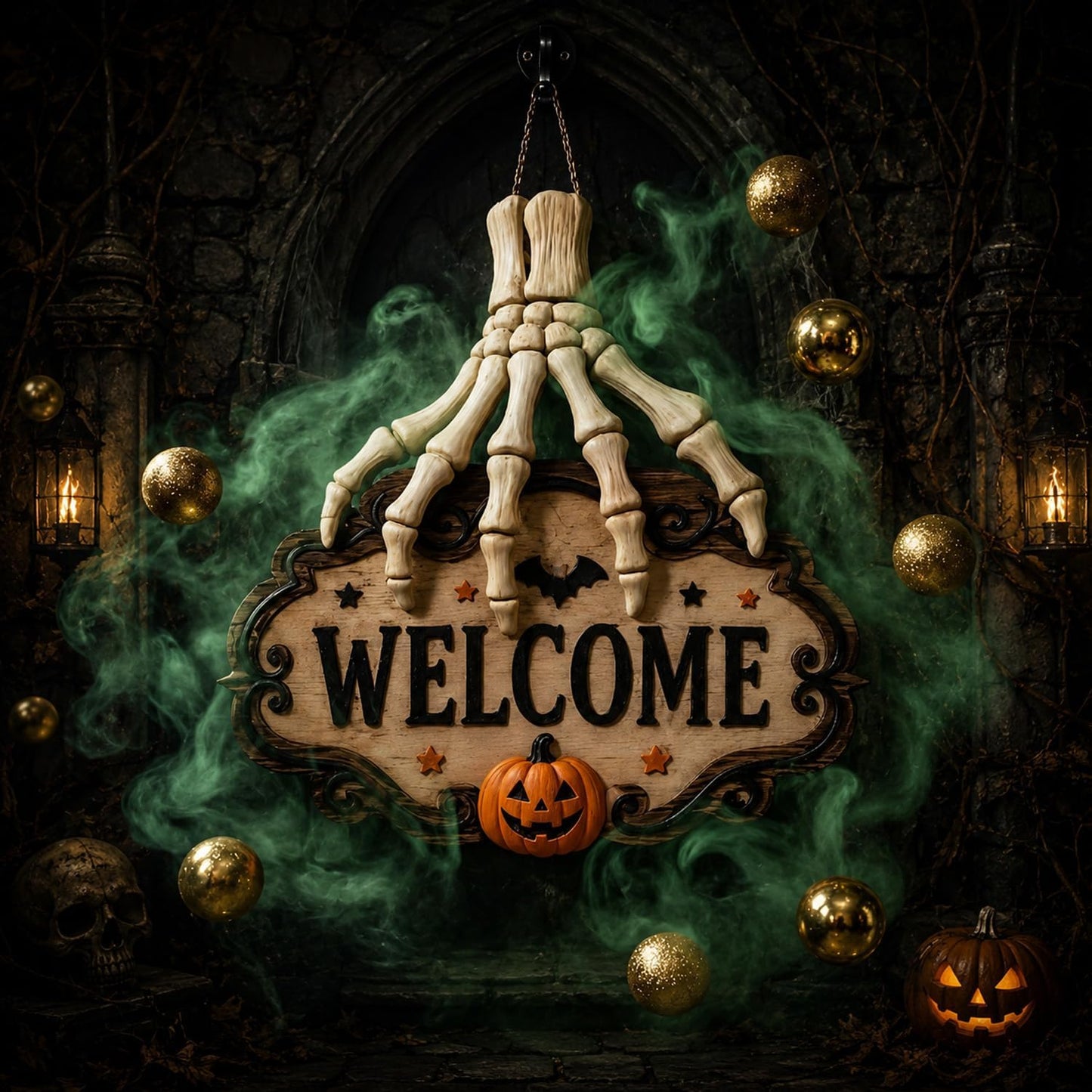 Halloween Skeleton Hand Welcome Hanging Sign