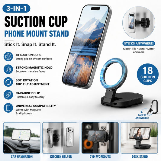 📱3-in-1 Magnetic Phone Mount | 18 Suction Cups, 360° Rotation, Desktop & Wall Holder for iPhone 17/16/15/14
