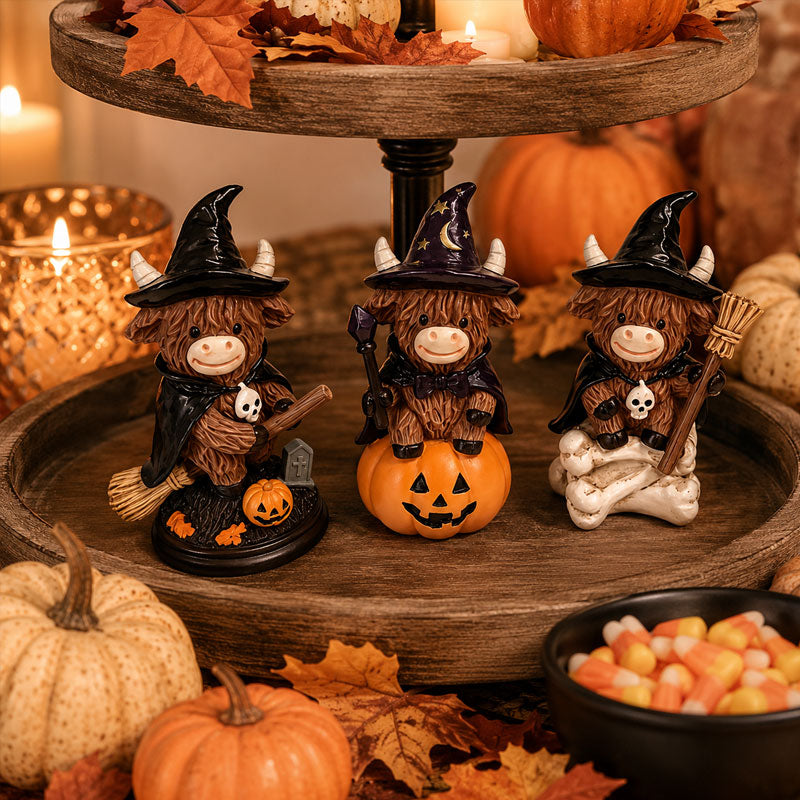 Halloween Highland Cow Witch Ornament – Spooky-Cute Tabletop Decor for Mantel, Shelf & Candy Station