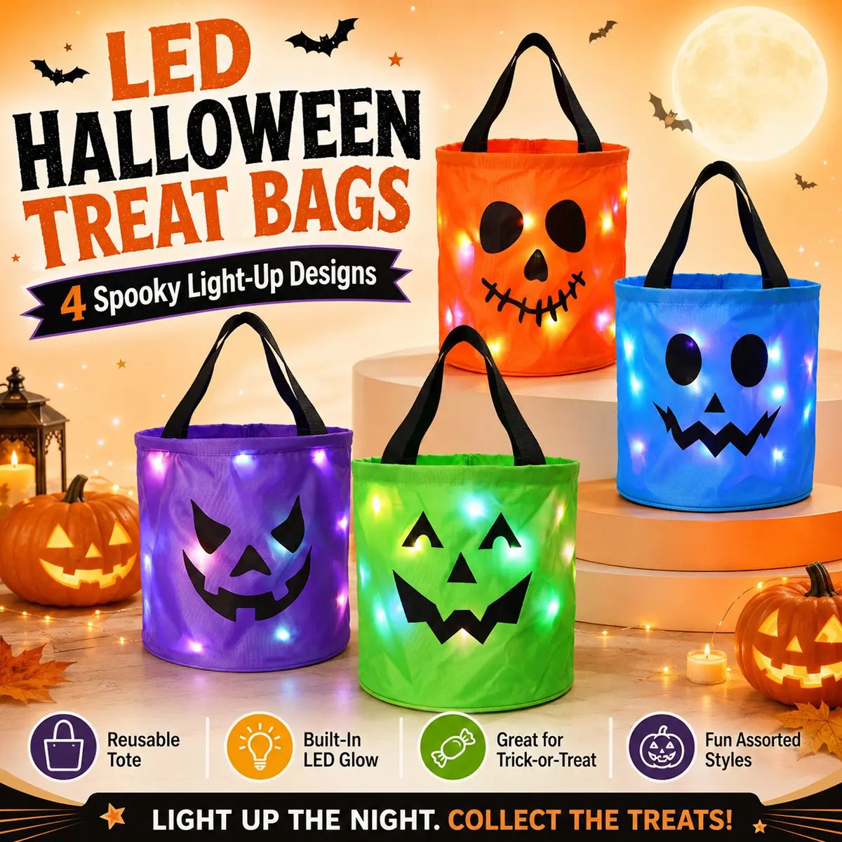 👻 Glow-in-the-Dark Halloween LED Candy Basket  Bags🎃5 Pack Pumpkin Trick or Treat Bags with Glow Lights for Kids, Parties & Halloween Decorations