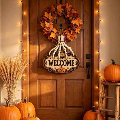 Halloween Skeleton Hand Welcome Hanging Sign