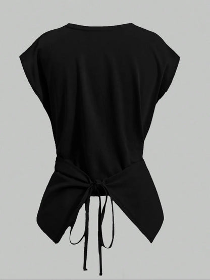 Women's Knitted Round Neck Criss Cross Back T-Shirt