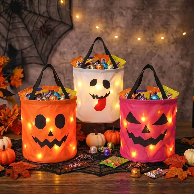 👻 Glow-in-the-Dark Halloween LED Candy Basket  Bags🎃5 Pack Pumpkin Trick or Treat Bags with Glow Lights for Kids, Parties & Halloween Decorations