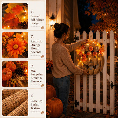 🎃✨ Lighted Burlap Pumpkin Wreath