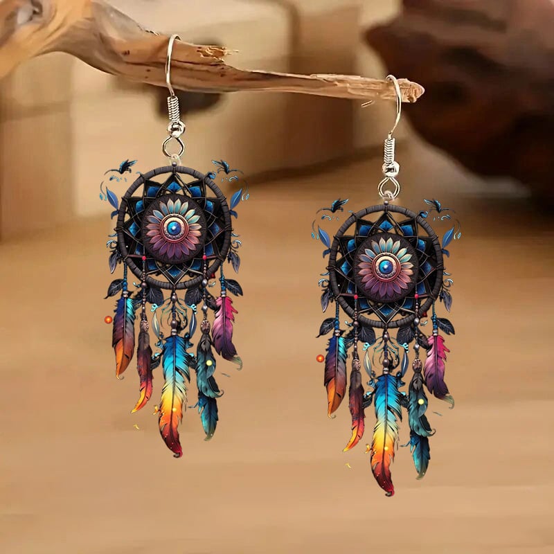 🌙 Boho Dreamcatcher Feather Earrings